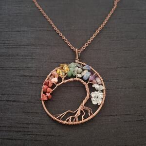 Tree of life wire wrap rainbow chakra stone bronze tone crystal pendant necklace